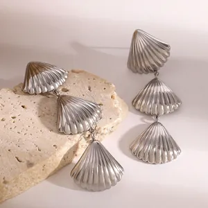 Stainless Steel Triple Shell Drop Earrings Western Style High End Mirror Polished Dangle Earrings For Women Vacation Jewelry