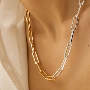 Minimalist Stainless Steel Gold And Silver Two-Tone Paperclip Chain Necklace For Women High-End Niche Clavicle Link Chain Jewelry