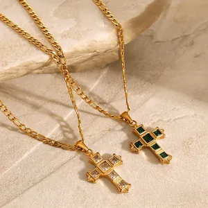 Retro Stainless Steel Cross Pendant Necklace For Women Gold Plated Figaro Chain With Rhinestone Fashion Jewelry Gift