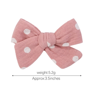 Pink polka dot linen bow hair clip for girls, 3.5 inch handmade sweet hair accessory