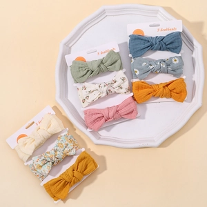 Three-piece set of printed baby fabric headbands with cute elastic bows for infants