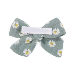Floral cotton linen bow hair clip for children with grey green daisy pattern and metal clip