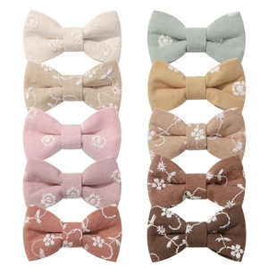 10-piece embroidered floral bow hair clips set for children in vintage Morandi colors