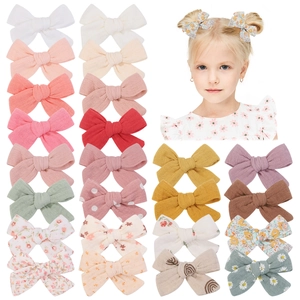 Linen Cotton Bow Hair Clips For Girls Floral Polka Dot Printed Fully Wrapped Safety Clips Handmade Toddler Hair Accessories