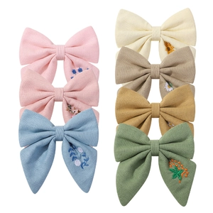 Barrettes Cheveux Nœud Broderie Florale pour Enfants Accessoires Cheveux Filles Style Pastoral Pinces Croco en Coton et Lin