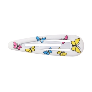 Détail d'une pince à cheveux goutte en métal avec motif papillons colorés