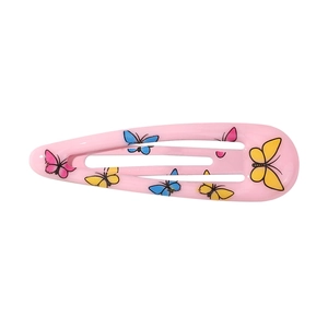 Détail d'une pince à cheveux rose avec motifs papillons colorés sur résine brillante