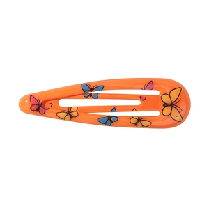 Détail d'une pince à cheveux goutte orange avec motifs papillons colorés pour enfant
