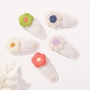Set of 5 embroidered sunflower mini hair clips for girls in assorted pastel colors