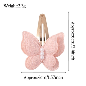 Pink double-layer lace butterfly hair clip with pearls and gold metal fastener