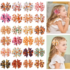 Thanksgiving Kids Bow Hair Clips Autumn Pumpkin Turkey Maple Leaf Print Grosgrain Ribbon Hair Accessories For Girls