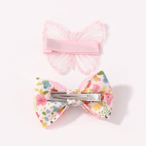 Pink lace butterfly hair clips and floral fabric bows for girls with duckbill clips