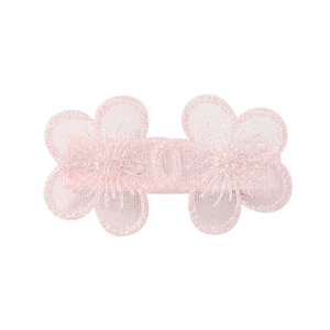 Close-up of pink embroidered double flower hair clip with shiny silver metallic thread