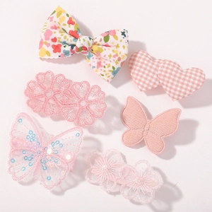 6-piece pink bow and heart hair clip set with floral embroidery and sequins for girls