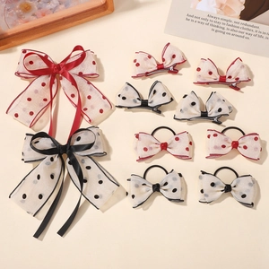 Mesh Bow Hair Clips Set For Girls Polka Dot Hair Ties Duckbill Clips Sweet Princess Hair Accessories For School Party