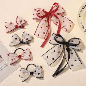 6-piece children's mesh polka dot bow hair clip set in red and black colors