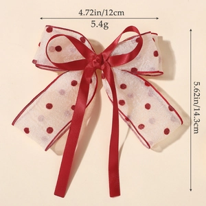 Red polka dot mesh bow hair clip with elegant long ribbons and creamy white base