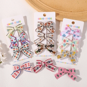 Children Fabric Bow Hair Clip Set Floral Plaid Embroidery Duckbill Clip For Girls Hair Decoration Accessory