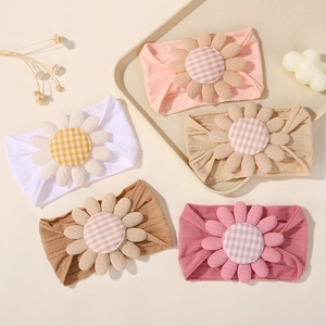 Bandeau Élastique pour Bébé Grande Fleur en Tricot Doux Nervuré Serre-tête Centre Vichy pour Petites Filles Accessoires