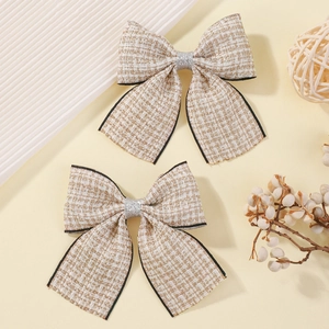 2Pcs Sweet Bow Hair Clips For Girls Tweed Fabric Ribbon Hairpins With Faux Artificial Pearl Rhinestone Lolita Style Hair Accessories