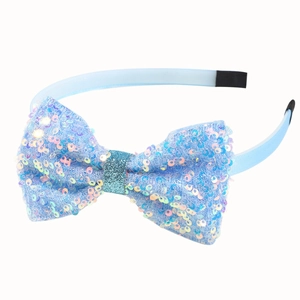 Sparkly light blue kids headband with large iridescent sequin bow for princess hair styling