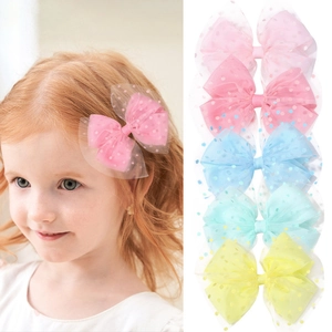 Kids Mesh Polka Dot Bow Hair Clips Double Layer Sequin Alligator Clips Sweet Hair Accessories For Toddler Girls Daily Party
