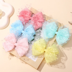 5-piece set of macaron-colored mesh bow hair clips with flocked polka dots for girls