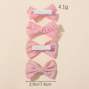 Pink lace and ribbed fabric hair bow clips set for girls, 2.9 inch floral hair accessories