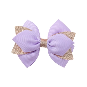 Purple glitter hair bow clip for girls featuring layered grosgrain ribbon and rose gold sparkle