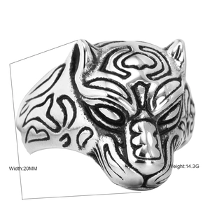 Vintage silver leopard head stainless steel ring for men with detailed 20mm animal carving