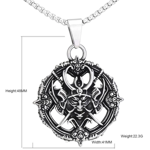 Vintage stainless steel Japanese Oni Samurai pendant necklace with detailed box chain