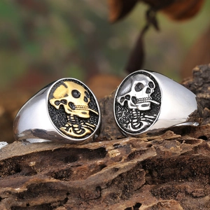 Punk Skull Signet Ring For Men Stainless Steel Gothic Vintage Relief Skeleton Finger Ring Jewelry Polished Heavy Ring