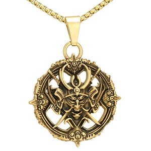 Vintage stainless steel gold samurai helmet mask pendant necklace with box chain