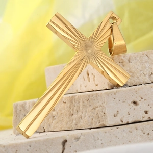 Polished gold stainless steel cross necklace with radial sunburst engraved patterns