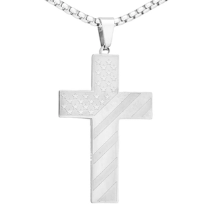 Silver stainless steel cross necklace featuring American flag stars and stripes pattern