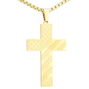 Golden stainless steel cross pendant with American flag star and stripe design