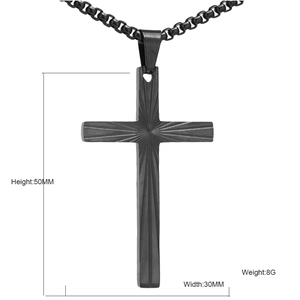 Black stainless steel cross necklace with sunburst engraving and chain 50mm x 30mm