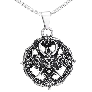 Vintage stainless steel samurai devil helmet pendant with box chain in matte black finish