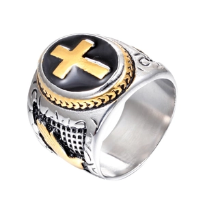 Retro punk titanium steel cross signet ring for men featuring black enamel and gold inlay