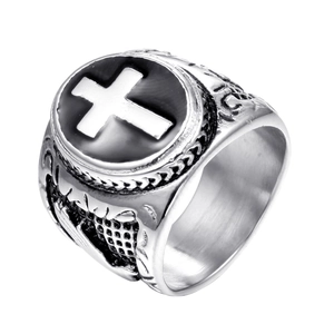 Men's vintage titanium steel cross ring with black enamel finish and wing carvings