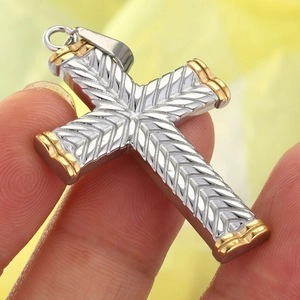 Minimalist stainless steel cross pendant necklace with two-tone gold and silver finish