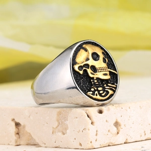 Vintage punk skull signet ring for men in silver and gold tone stainless steel