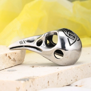 Vintage Viking stainless steel raven skull ring with intricate Celtic knot carvings