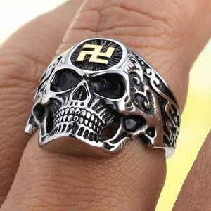 Bague tête de mort punk vintage en acier inoxydable argenté et doré avec motifs