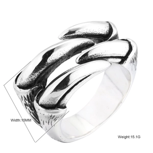 Bague vintage punk en forme de griffe d'aigle et loup en acier titane argent 15mm