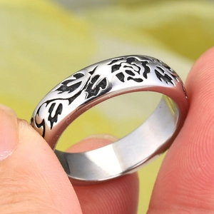 Vintage Stainless Steel Rose Flower Engraved Band Ring For Men Women Gothic Punk Style Titanium Steel Jewelry Accessory