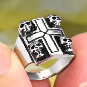 Gothic Stainless Steel Skull Cross Ring For Men Vintage Punk Biker Square Signet Ring Heavy Metal Jewelry Accessories Gift