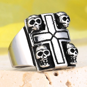 Macro detail of gothic stainless steel ring featuring a cross and 3D skull relief