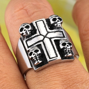 Vintage punk men's stainless steel signet ring with cross and skulls relief design