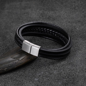 Men's multilayer black braided leather bracelet with brushed metal magnetic clasp